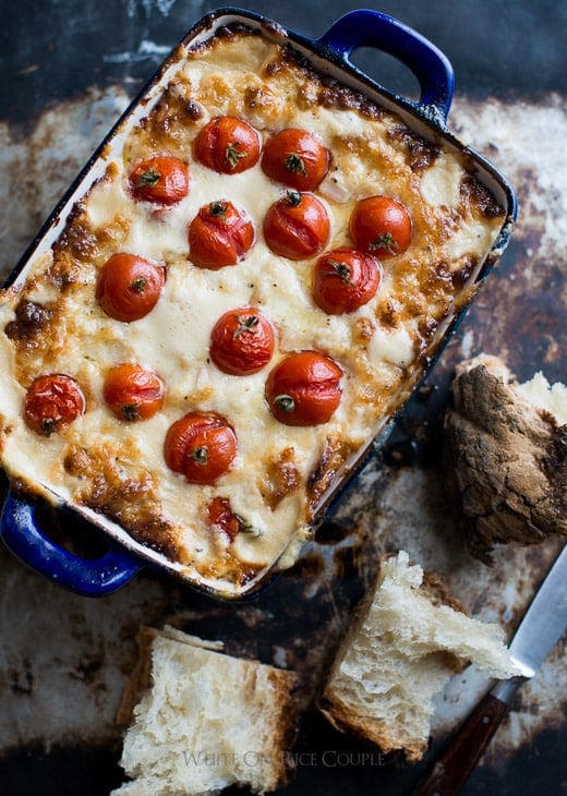 Roast Tomato Sweet Onion Dip in a baking dish