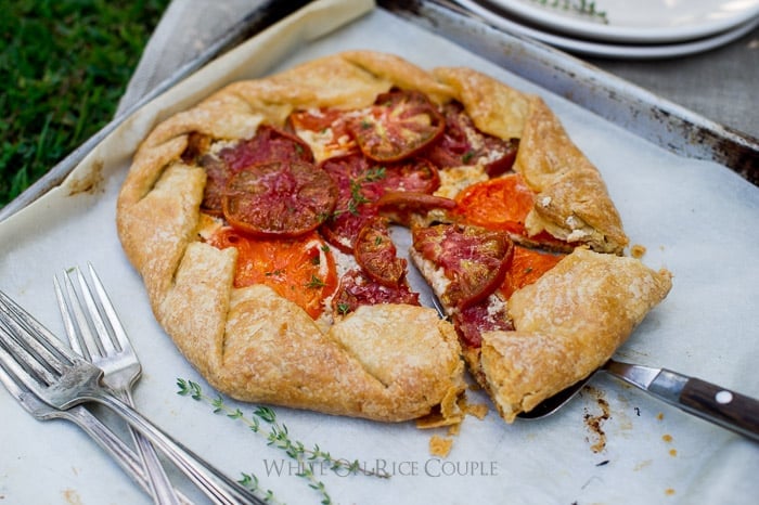 Heirloom Tomato Galette on a baking sheet
