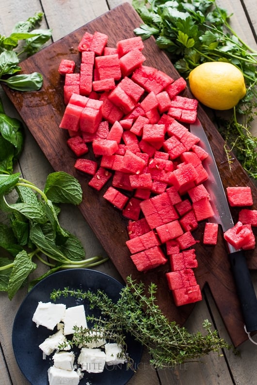 Watermelon Salad Recipe with Arugula, Feta, Mint or Fresh Herbs | @whiteonrice