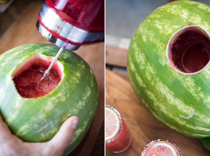 Watermelon Margaritas made inside a watermelon and blended together | @whiteonrice