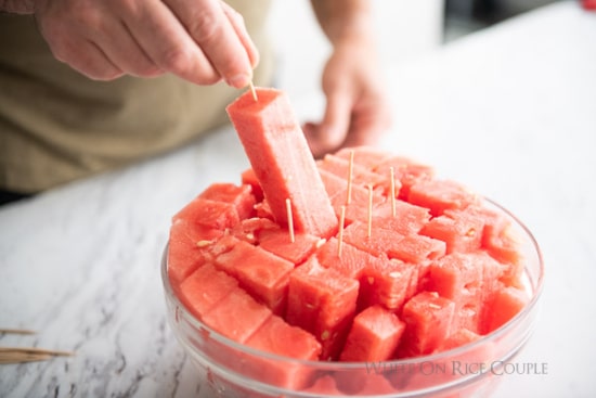 pulling watermelon stick out by skewers