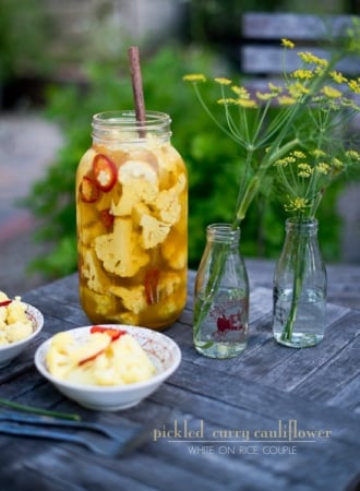 curry cauliflower pickles in garden setting