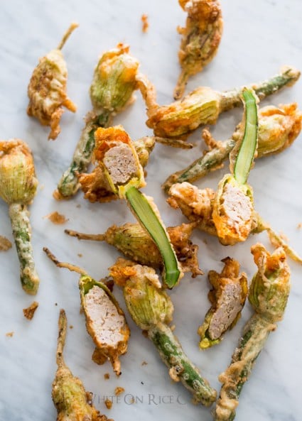 Vietnamese Pork Stuffed Zucchini Flowers on a tray 