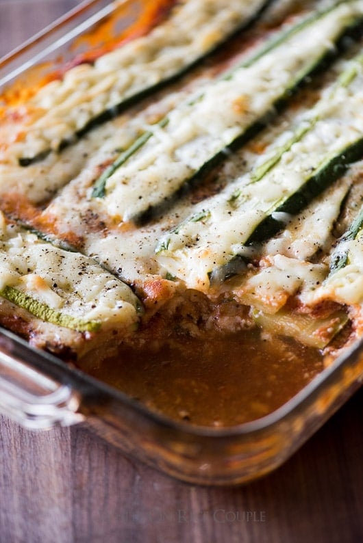 No Pasta, Zucchini Lower-Carb Lasagna close up in a glass baking dish