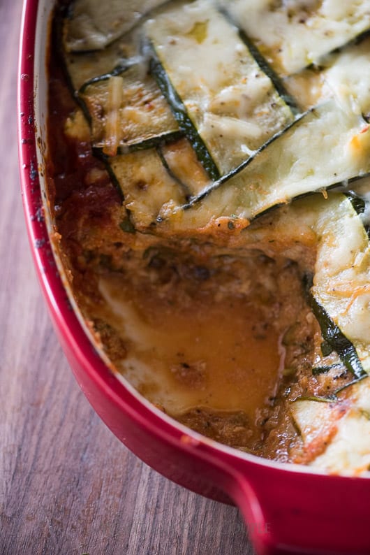 No Pasta, Zucchini Lower-Carb Lasagna close up in a baking dish