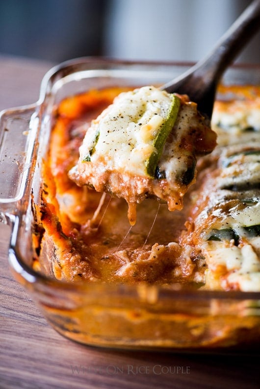 No Pasta, Zucchini Lower-Carb Lasagna on a fork