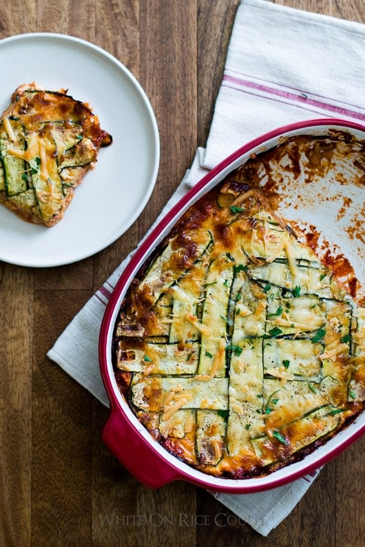 No Pasta, Zucchini Lower-Carb Lasagna in a baking dish