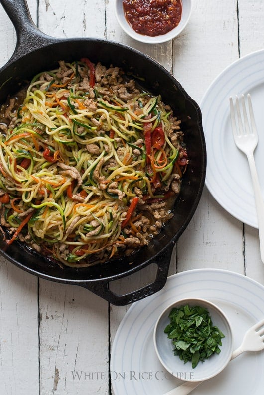 Healthy Zucchini Noodle Chow Mein on a skillet