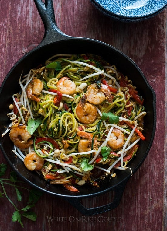 Zucchini noodle pad thai on a skillet