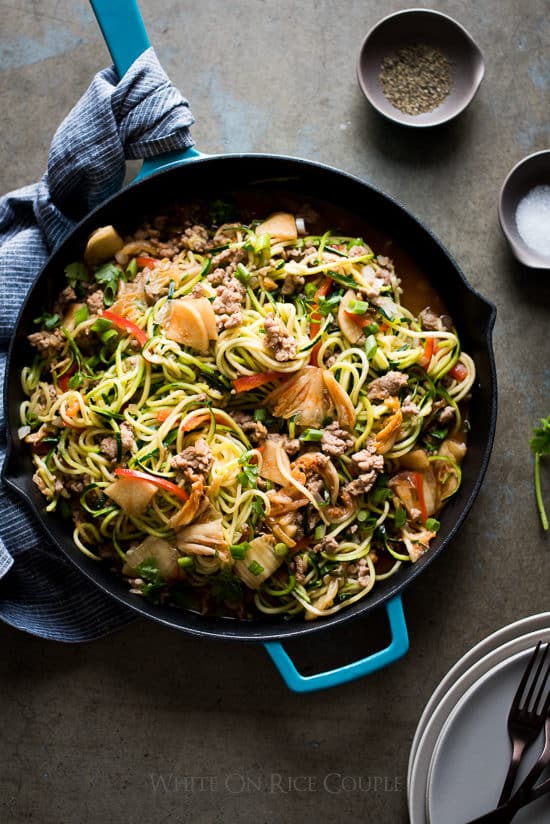 Asian Zucchini Noodle Stir Fry with Pork And Korean Kim Chi | @whiteonrice