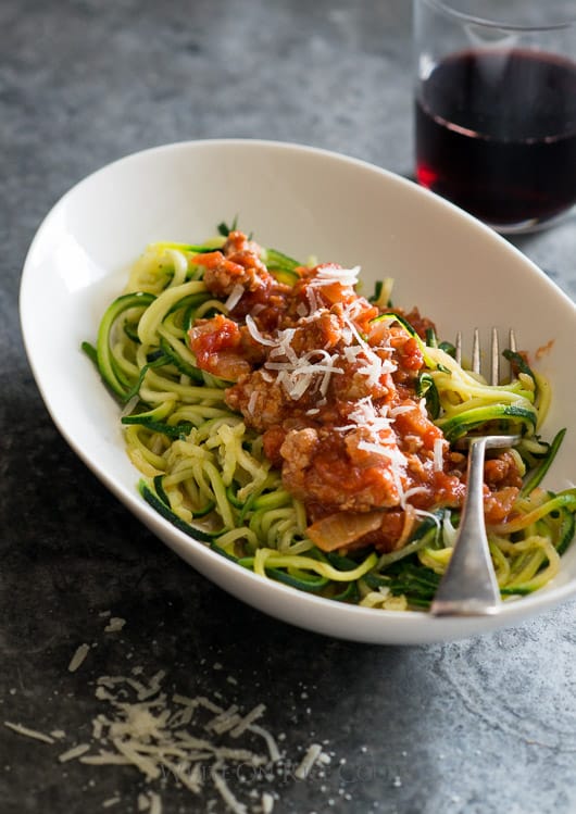 Healthy Zucchini Noodles with Turkey Marinara Sauce in a serving dish