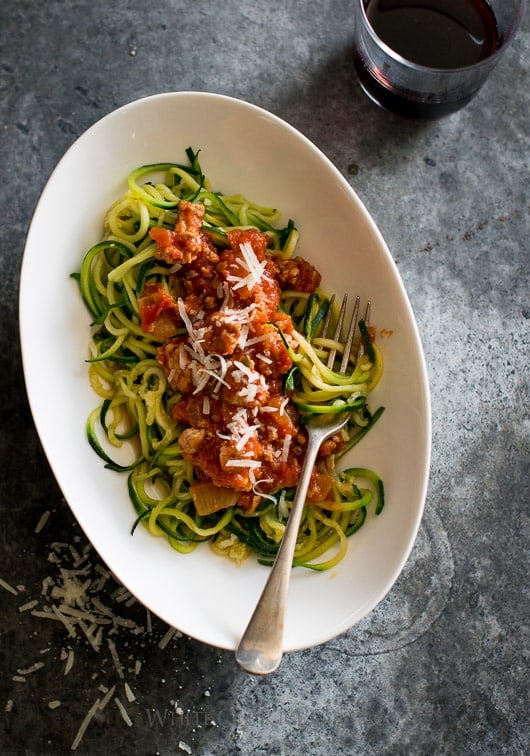 Healthy Zucchini Noodles with Turkey Marinara Sauce in a serving dish