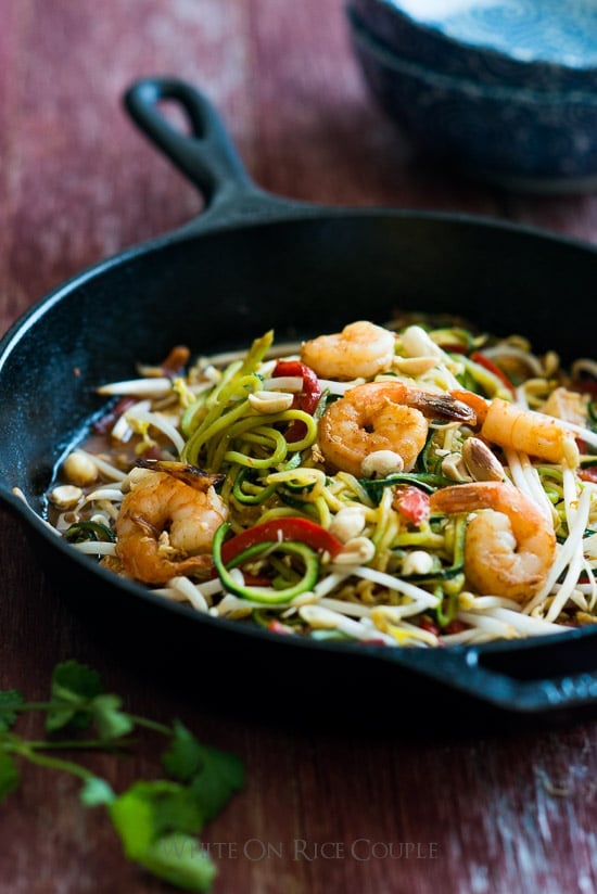 Zucchini noodle "Pad Thai" in a skillet